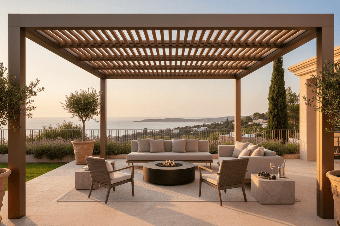 Luxury pergola at golden hour over a sophisticated terrace