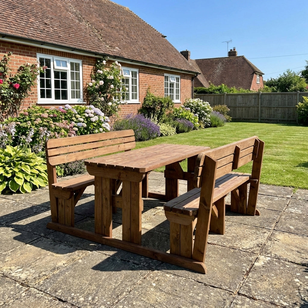 Alders Rounded Picnic Table and Benches Set With Backrest - Rustic Finish