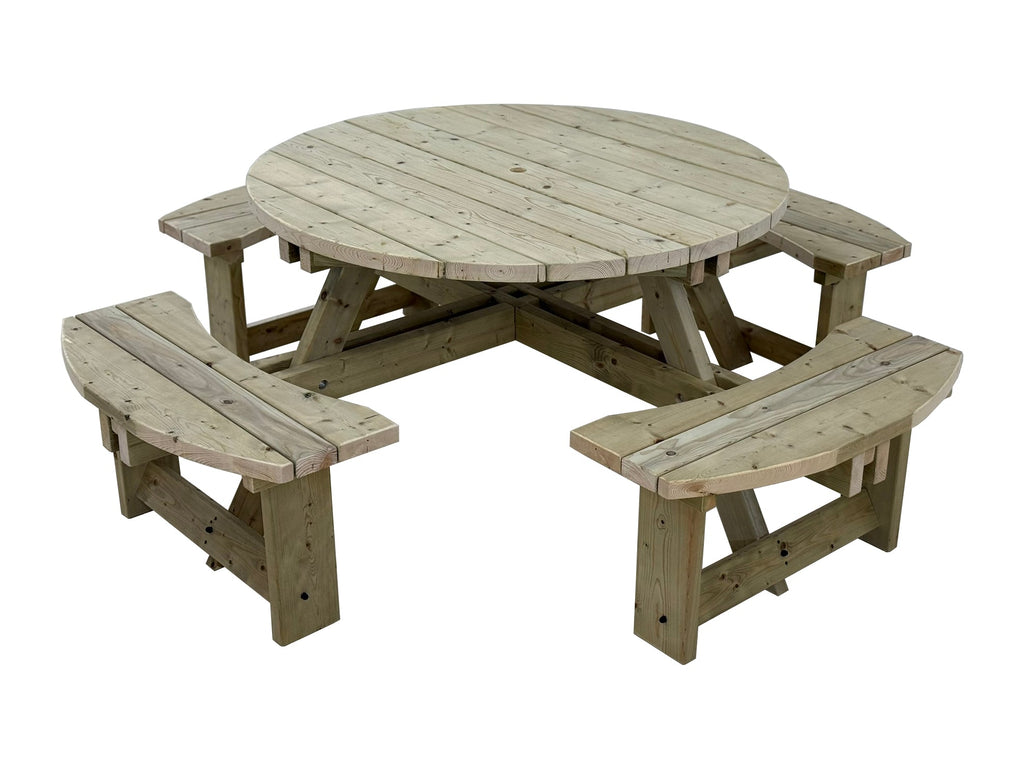 Wooden round picnic table with four benches on a white background