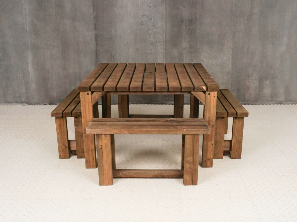 QUADRUM Picnic Table with 4 Benches — Rustic Finish