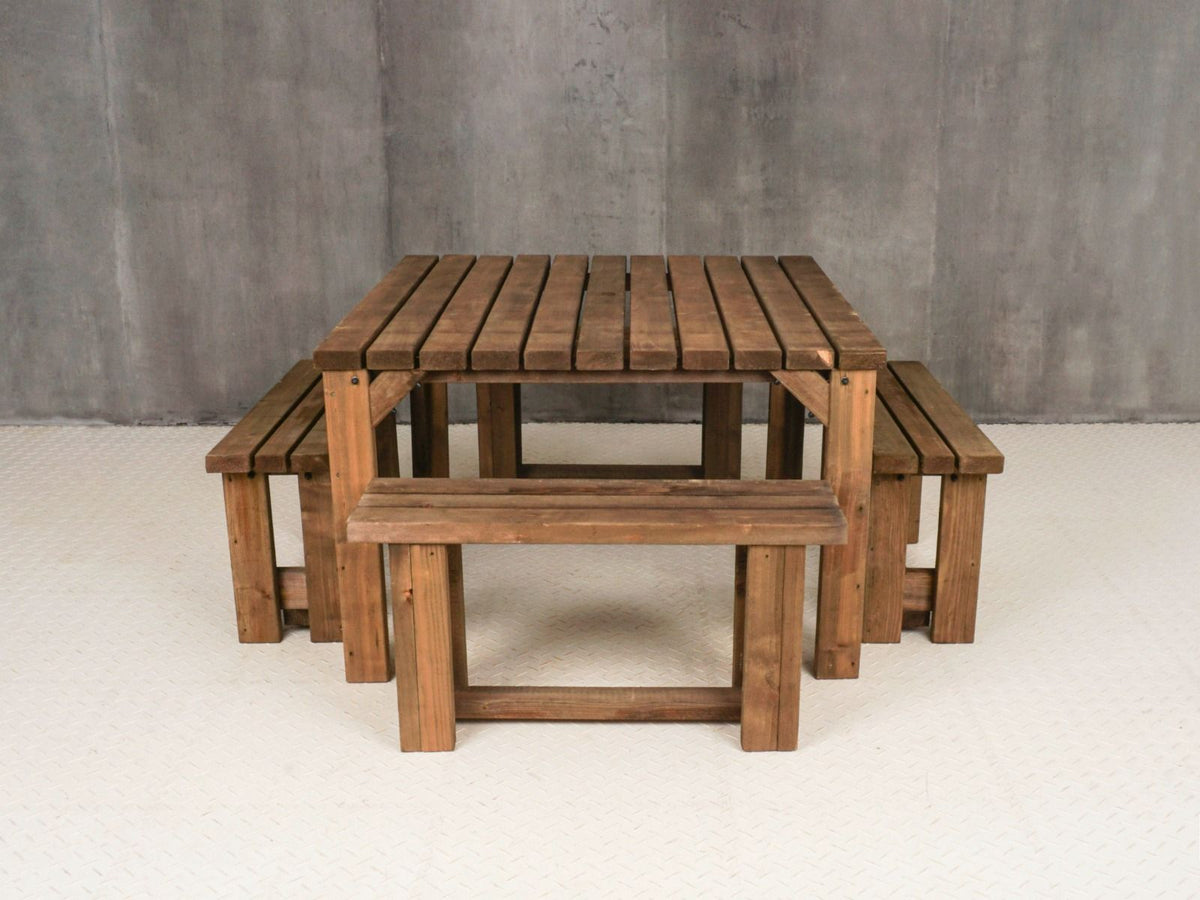 QUADRUM Picnic Table with 4 Benches — Rustic Finish