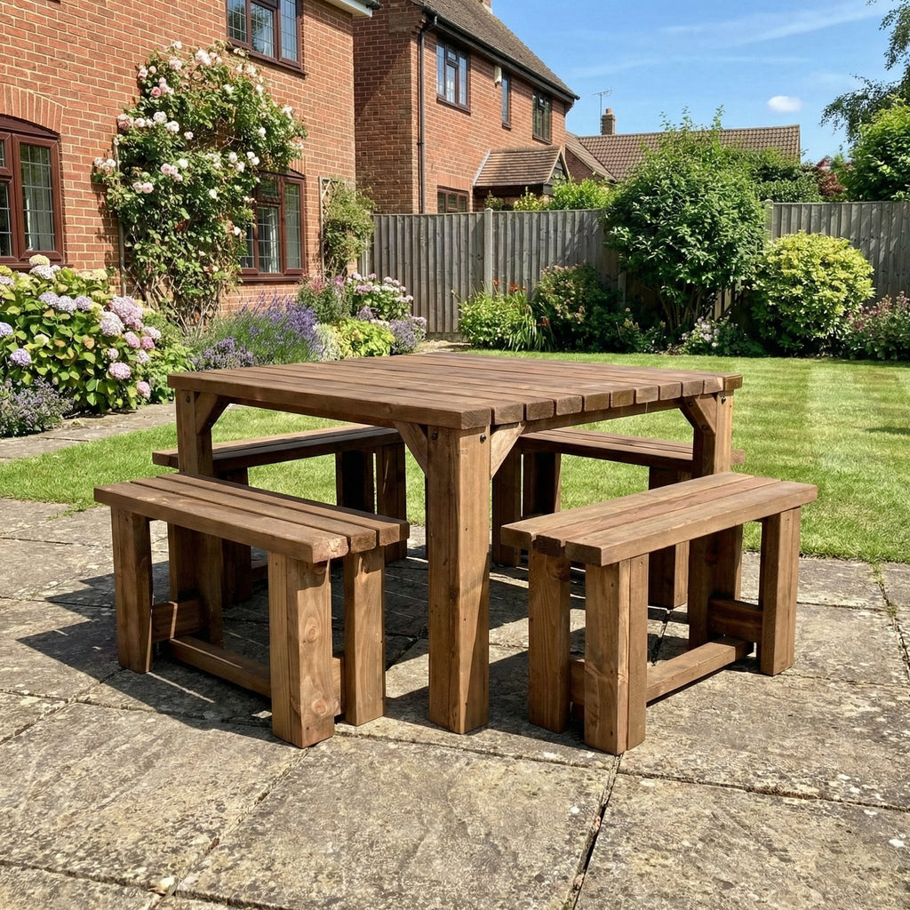 QUADRUM Picnic Table with 4 Benches — Rustic Finish