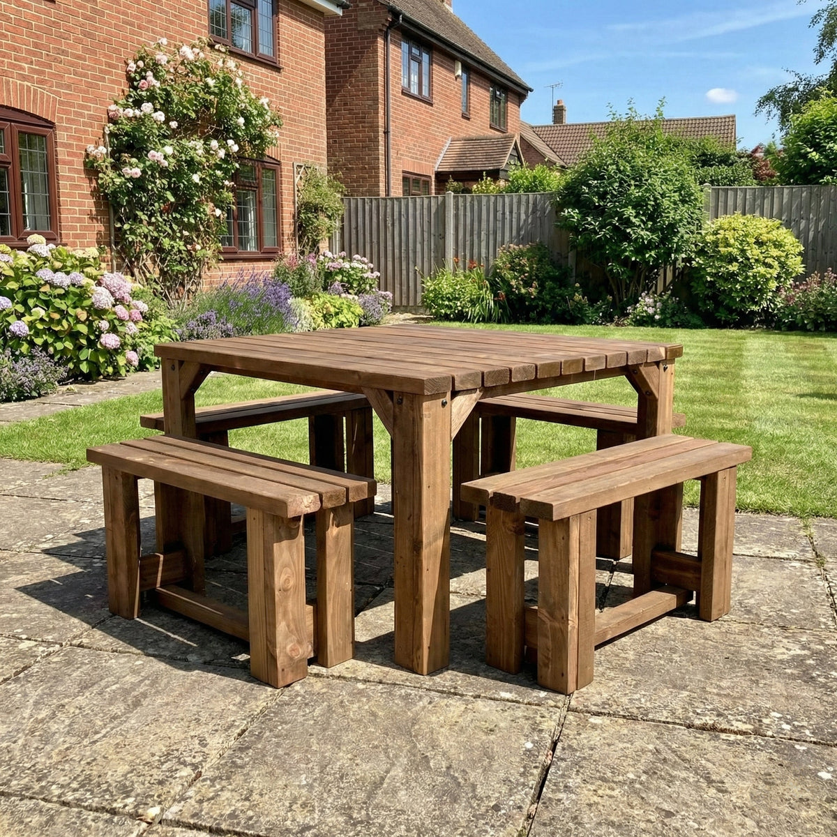 QUADRUM Picnic Table with 4 Benches — Rustic Finish