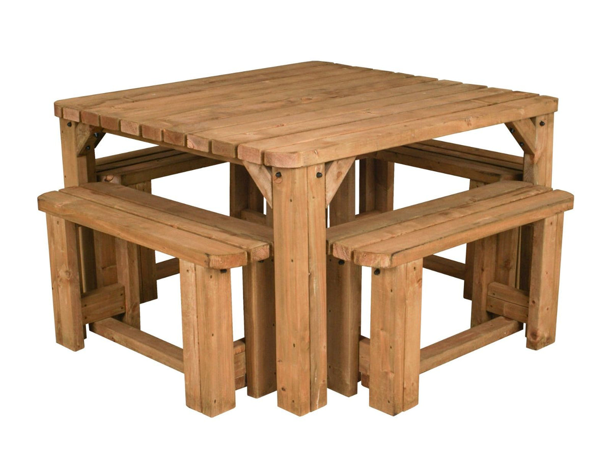 QUADRUM Rounded Picnic Table with 4 Benches — Rustic Finish