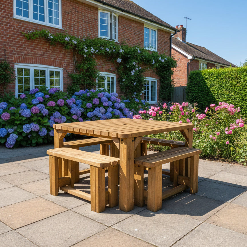 QUADRUM Rounded Picnic Table with 4 Benches — Rustic Finish