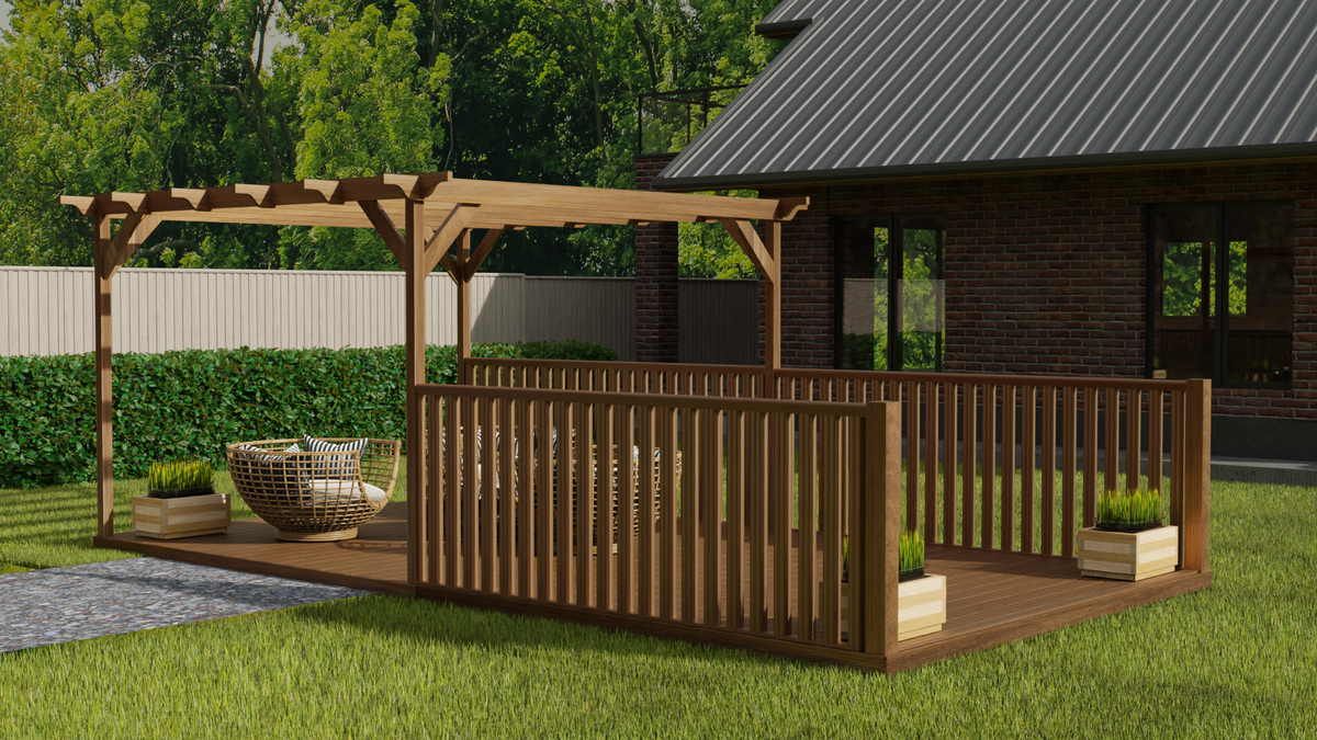 Rectangular Pergola and Decking Kit With Balustrades V.11