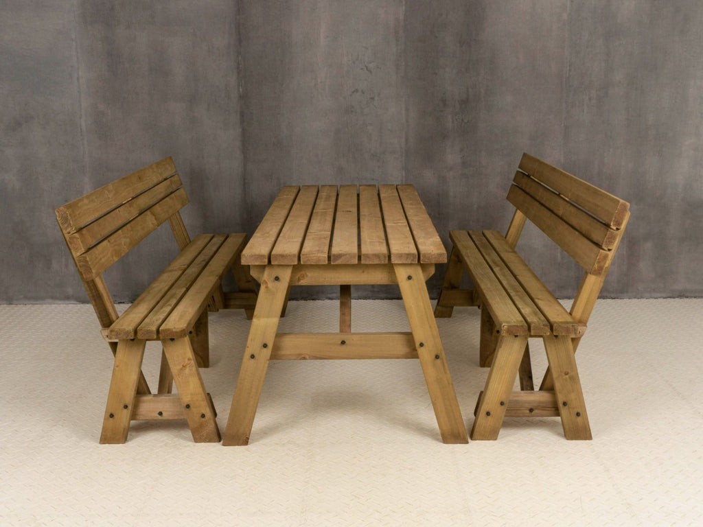 Victoria Picnic Table & Benches Set with Backrest — Rustic Finish