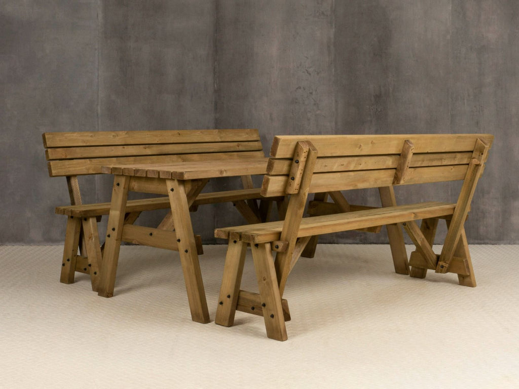 Victoria Picnic Table & Benches Set with Backrest — Rustic Finish