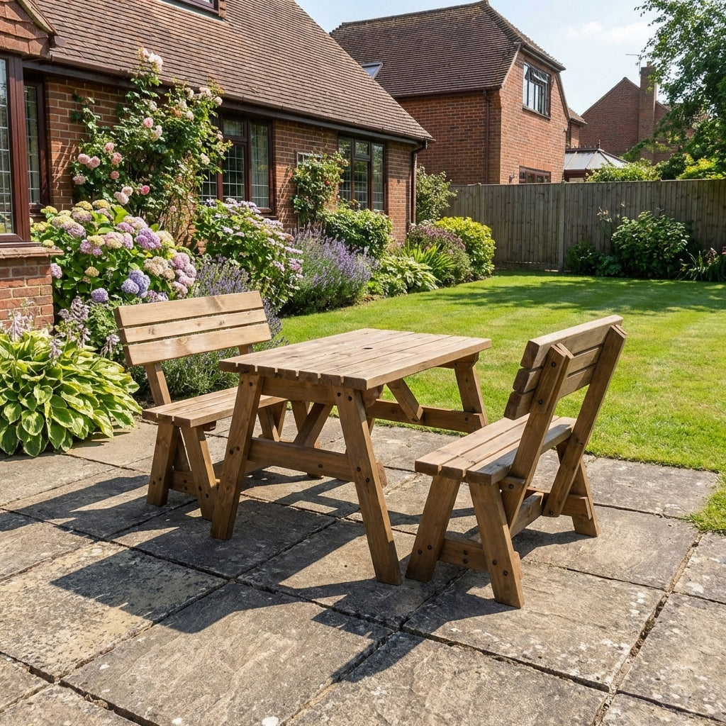 Victoria Picnic Table & Benches Set with Backrest — Rustic Finish