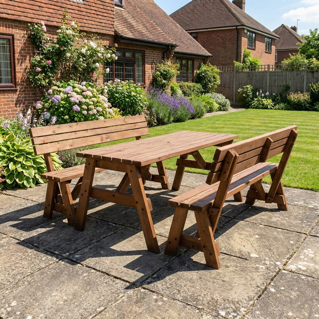 Victoria Picnic Table & Benches Set with Backrest — Rustic Finish