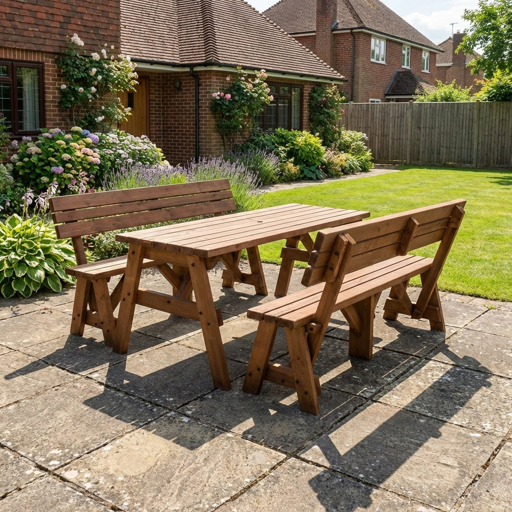 Victoria Picnic Table & Benches Set with Backrest — Rustic Finish
