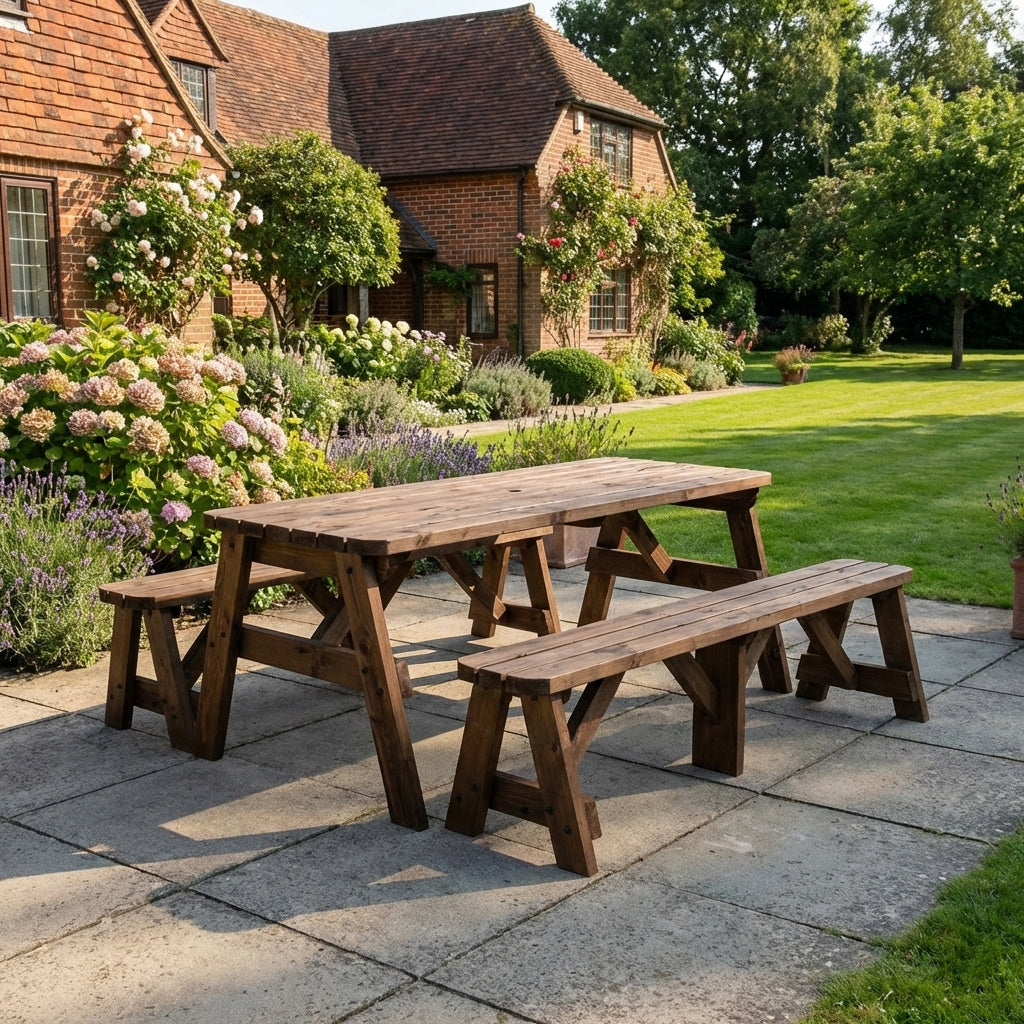 Victoria Rounded Picnic Table & Benches Set — Rustic Finish