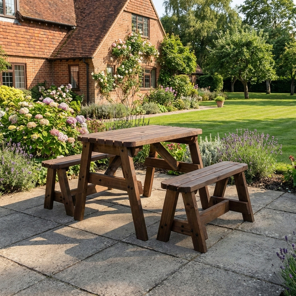 Victoria Rounded Picnic Table & Benches Set — Rustic Finish