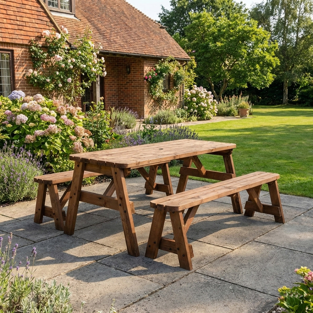 Victoria Rounded Picnic Table & Benches Set — Rustic Finish