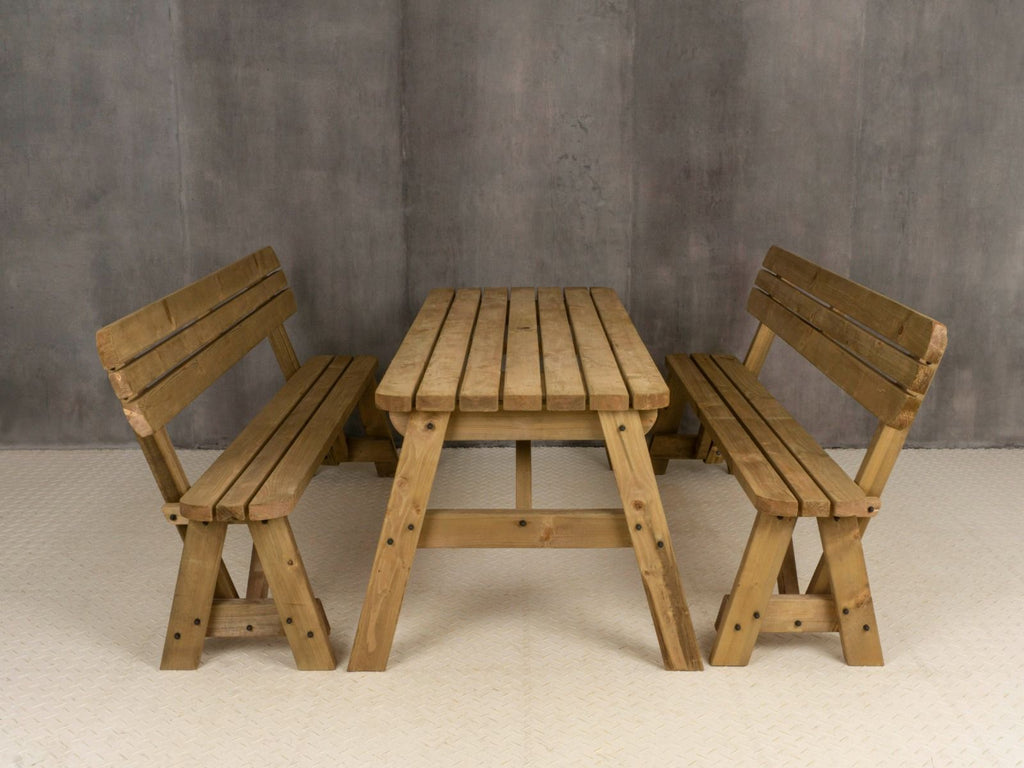 Victoria Rounded Picnic Table & Benches Set with Backrest — Rustic Finish