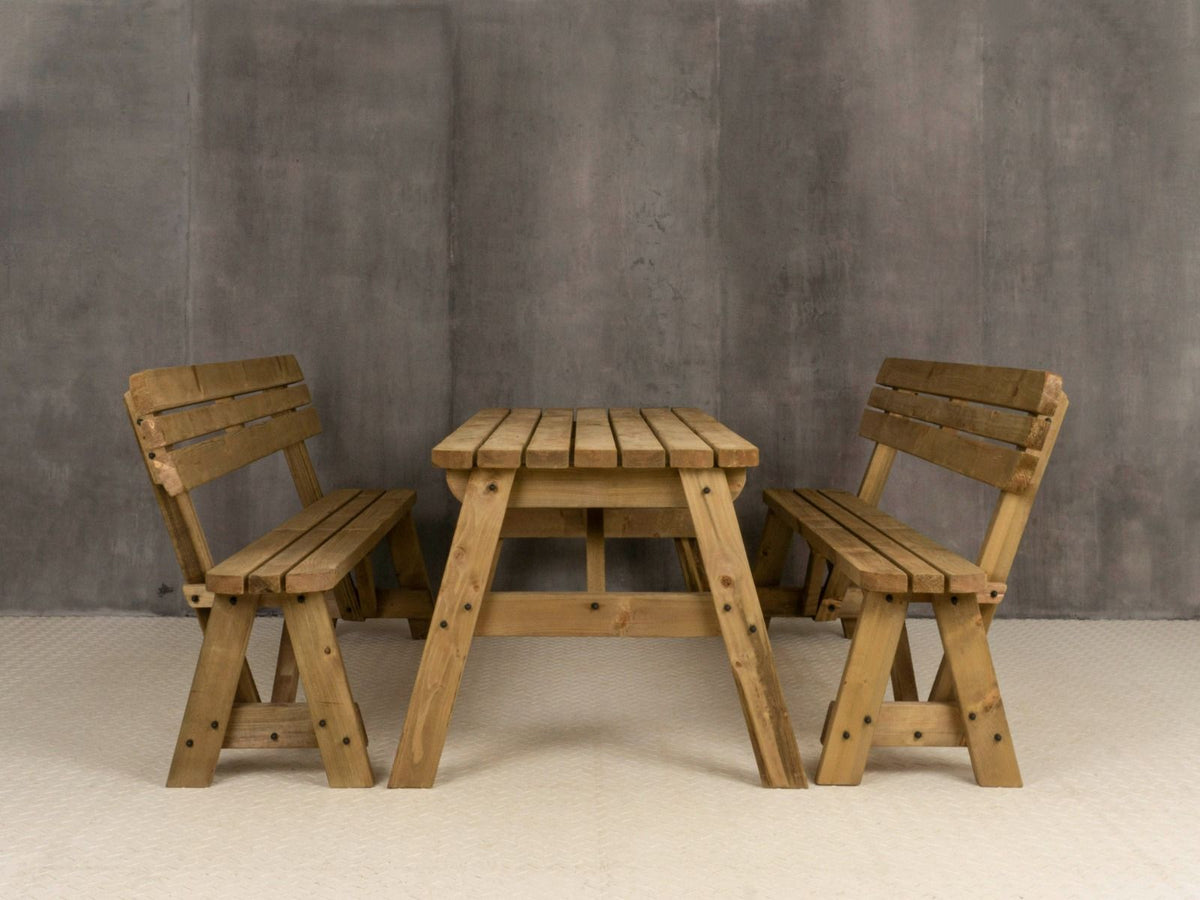 Victoria Rounded Picnic Table & Benches Set with Backrest — Rustic Finish