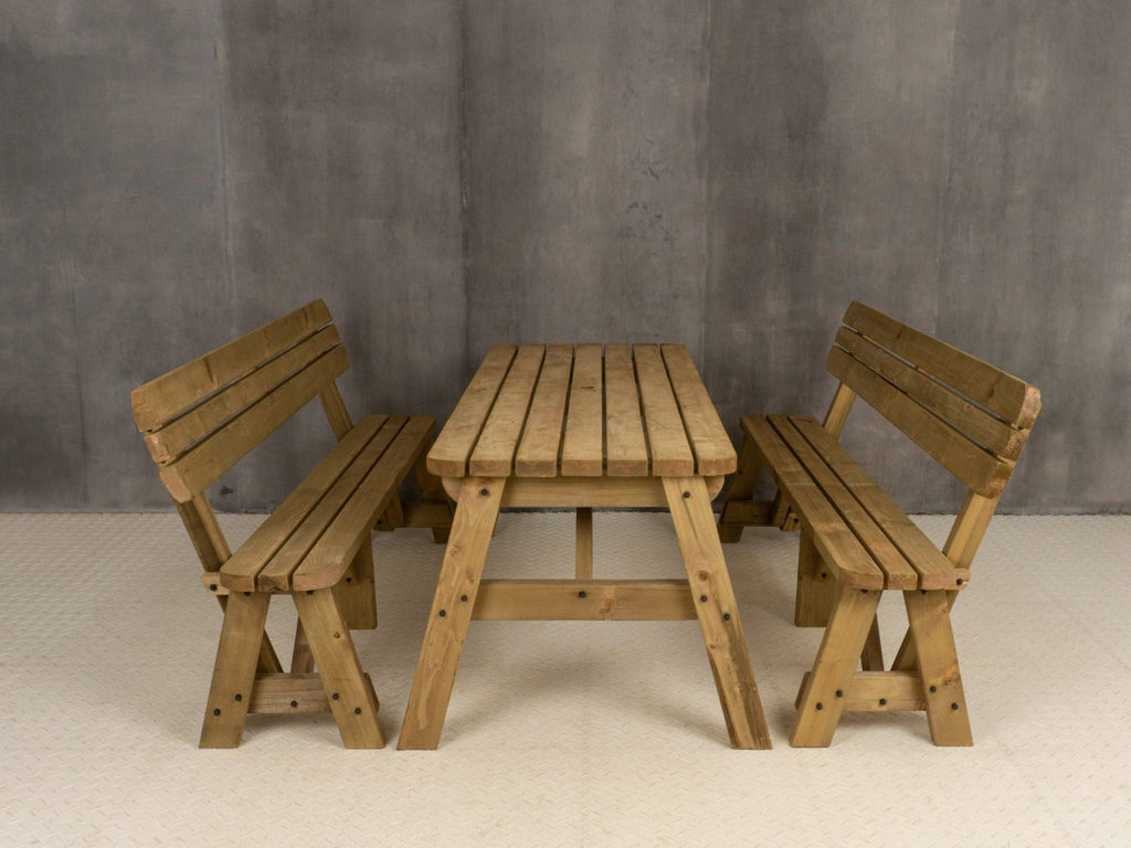 Victoria Rounded Picnic Table & Benches Set with Backrest — Rustic Finish