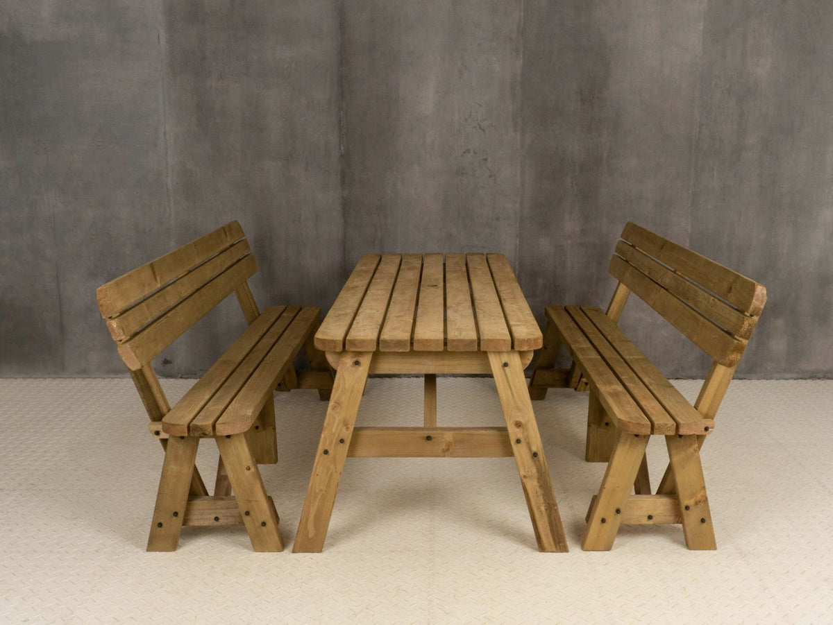 Victoria Rounded Picnic Table & Benches Set with Backrest — Rustic Finish