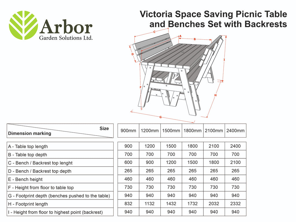 Victoria Space-Saving Rounded Picnic Table & Bench Set with Backrest — Rustic Finish