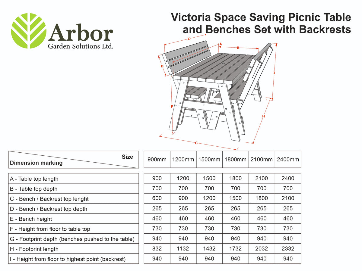 Victoria Space-Saving Rounded Picnic Table & Bench Set with Backrest — Rustic Finish