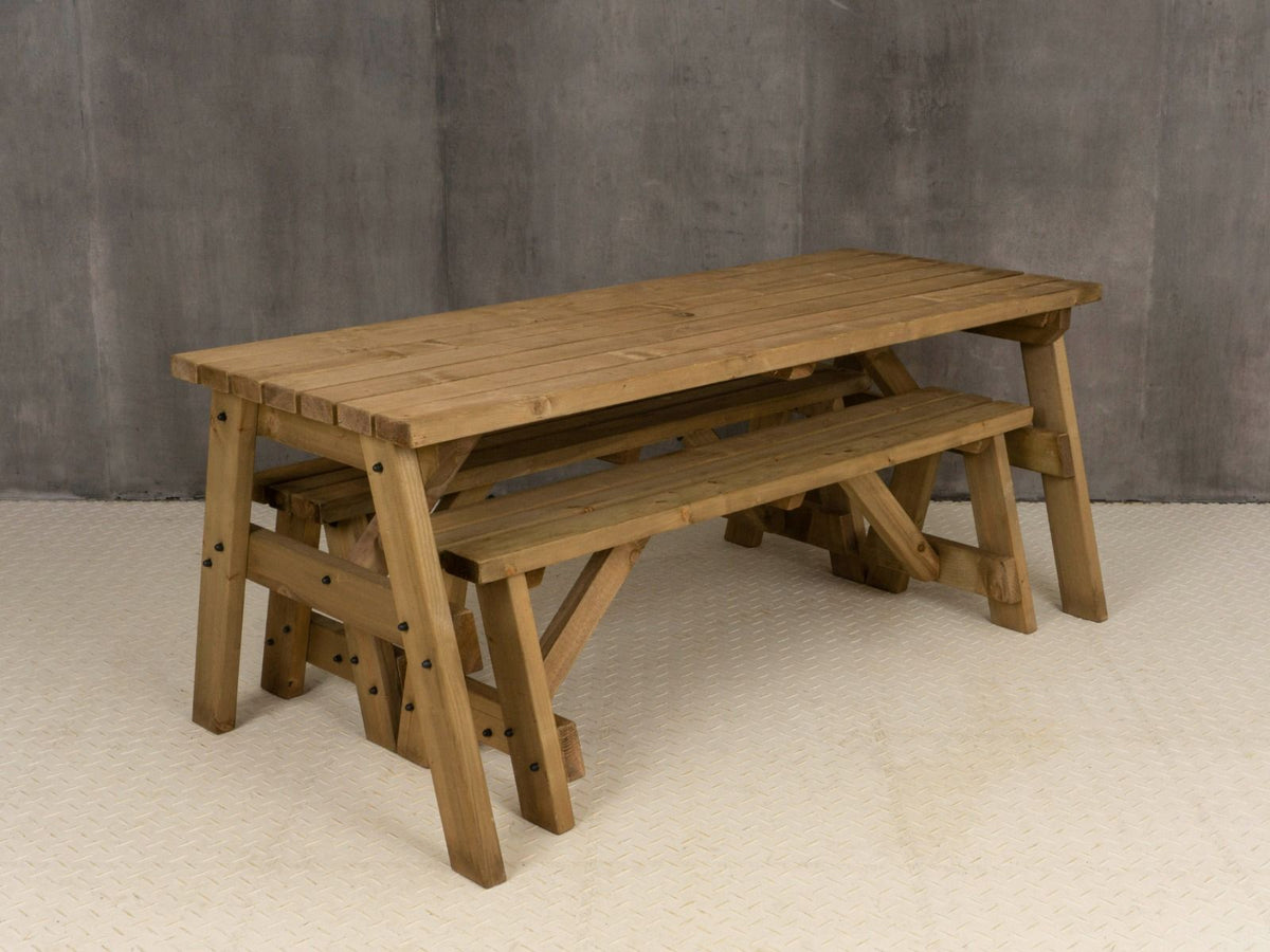 Victoria Space-Saving Picnic Table & Benches Set — Rustic Finish