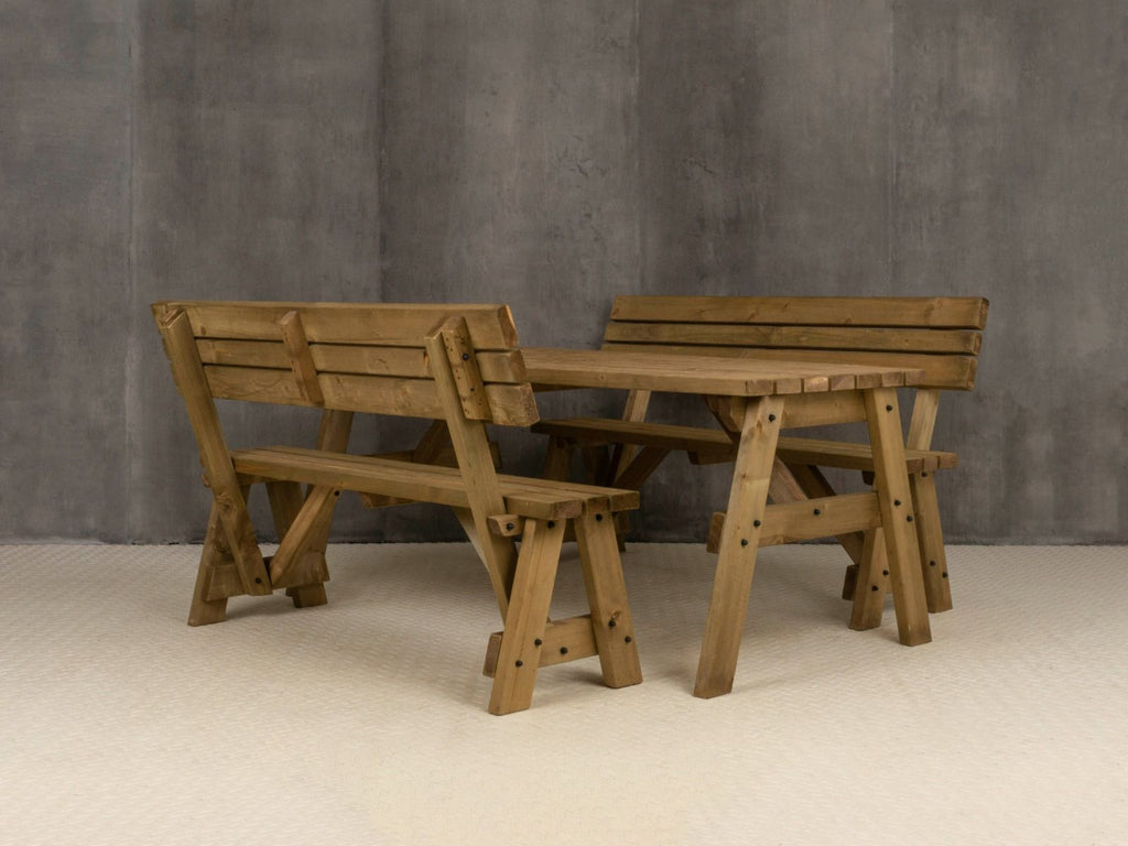 Victoria Space-Saving Picnic Table & Benches Set with Backrest — Rustic Finish
