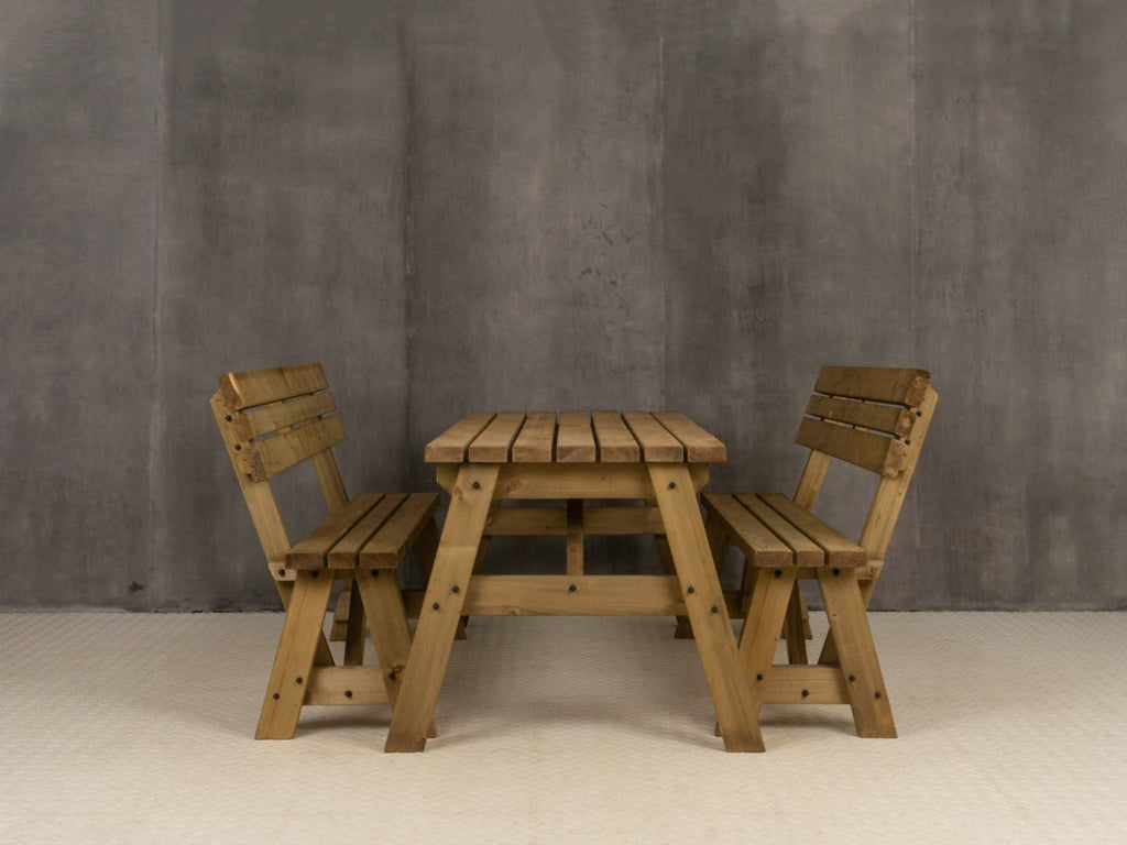 Victoria Space-Saving Picnic Table & Benches Set with Backrest — Rustic Finish