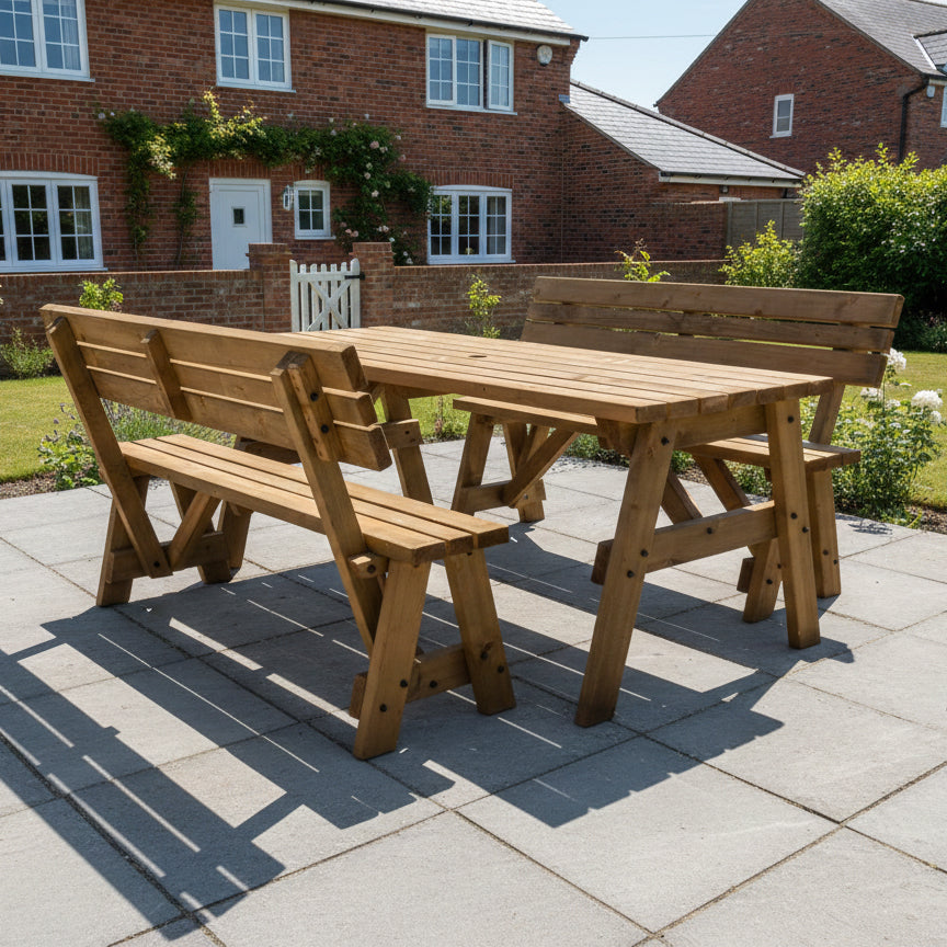 Victoria Space-Saving Picnic Table & Benches Set with Backrest — Rustic Finish