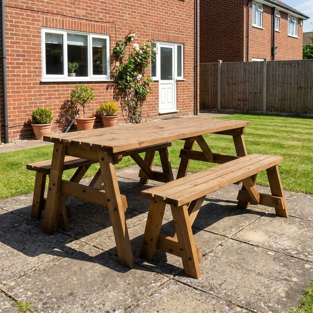 Victoria Space-Saving Picnic Table & Benches Set — Rustic Finish