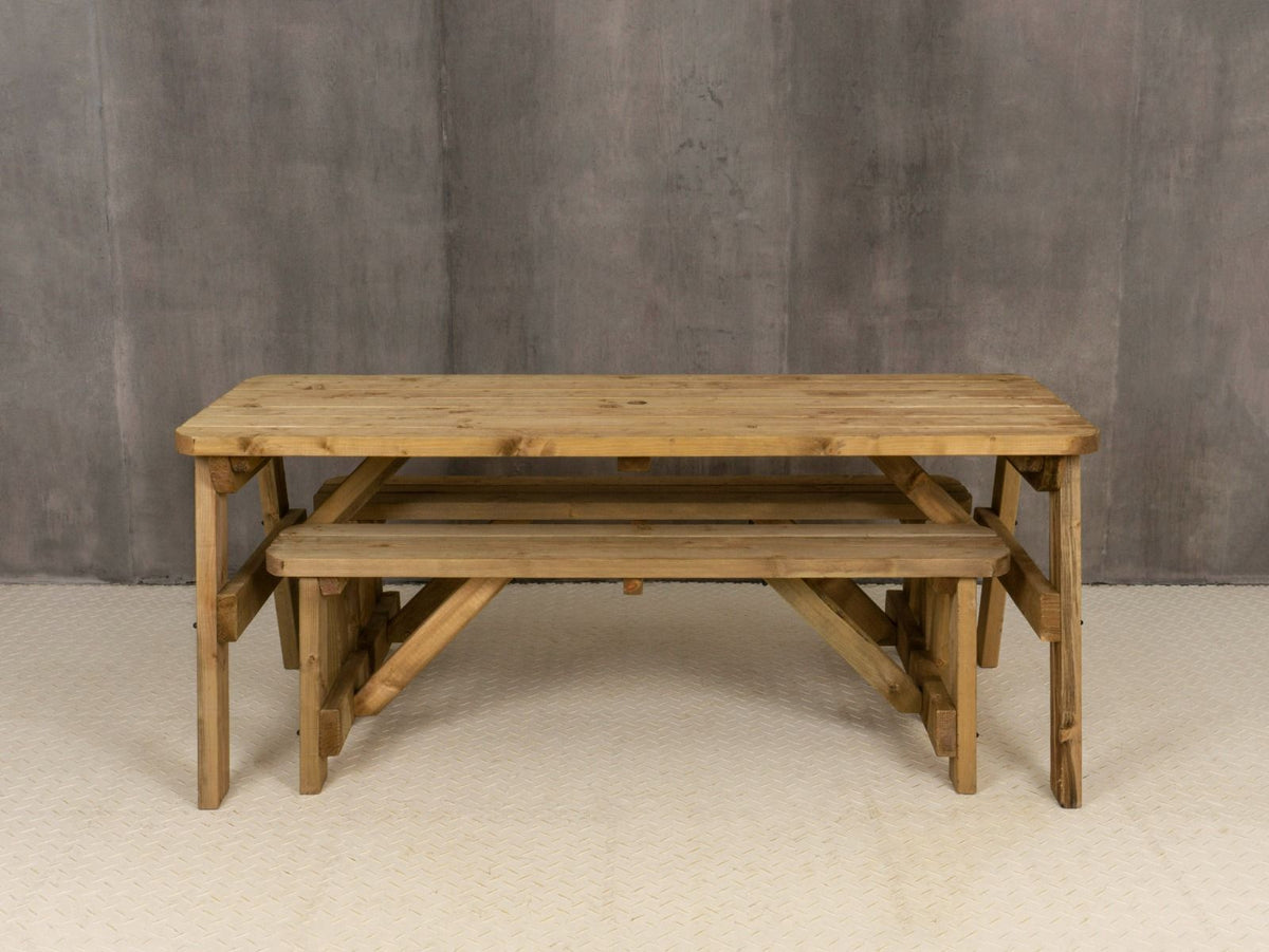 Victoria Rounded Space Saving Picnic Table and Benches Set - Rustic Finish
