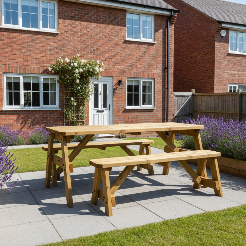 Victoria Rounded Space Saving Picnic Table and Benches Set - Rustic Finish