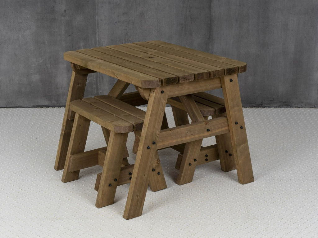Victoria Rounded Space Saving Picnic Table and Benches Set - Rustic Finish