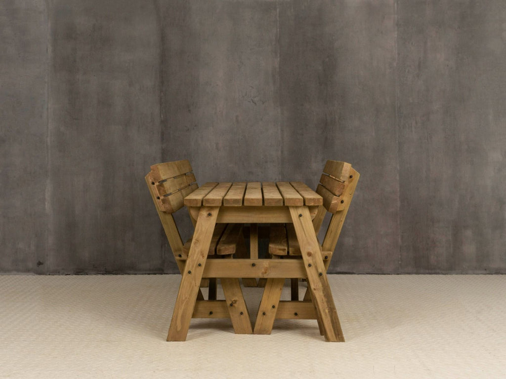 Victoria Space-Saving Rounded Picnic Table & Bench Set with Backrest — Rustic Finish