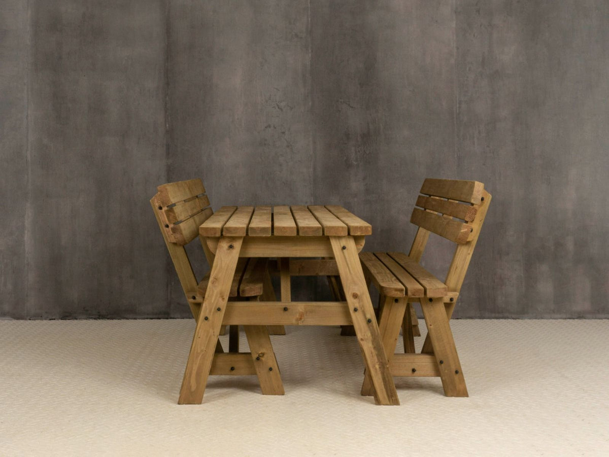 Victoria Space-Saving Rounded Picnic Table & Bench Set with Backrest — Rustic Finish