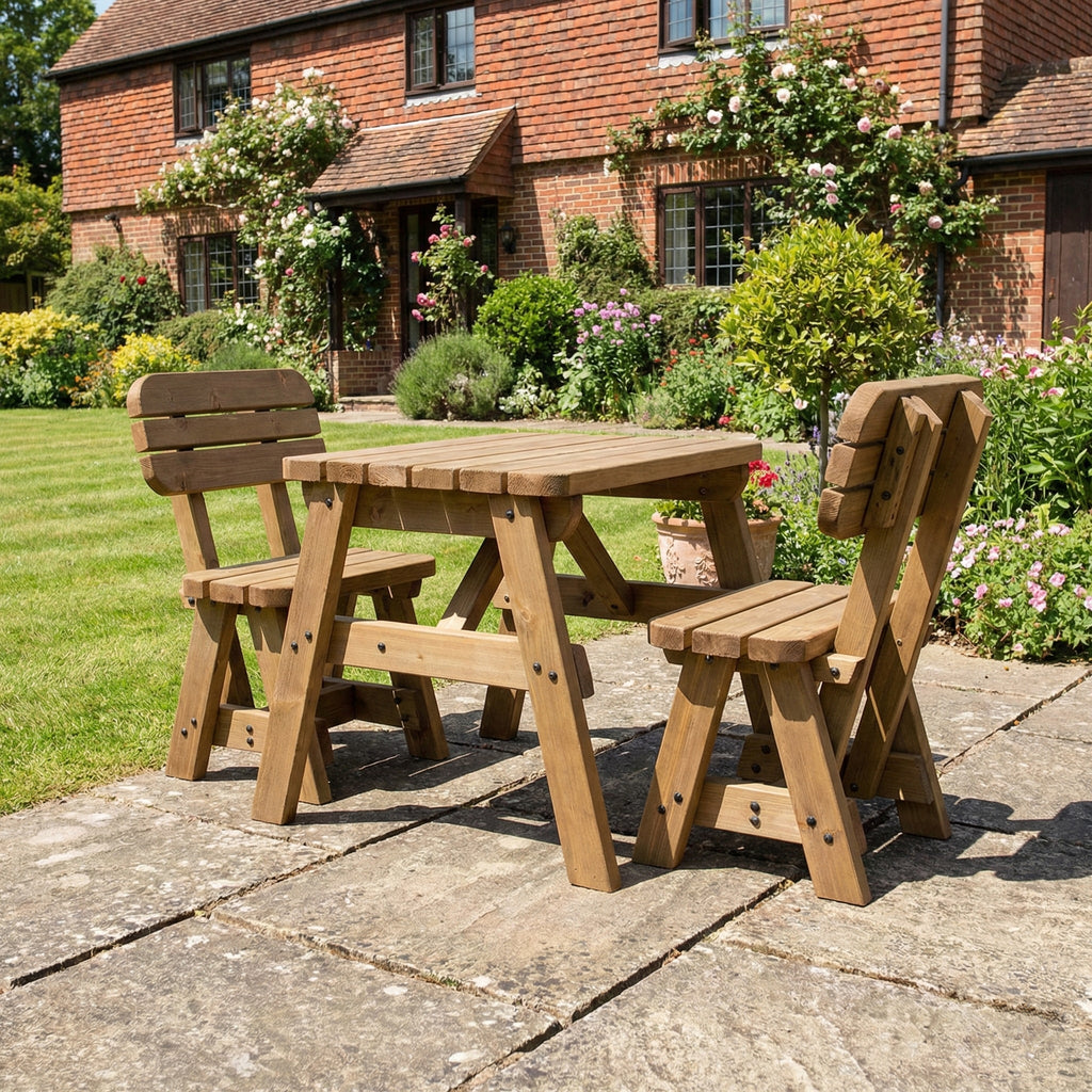 Victoria Space-Saving Rounded Picnic Table & Bench Set with Backrest — Rustic Finish