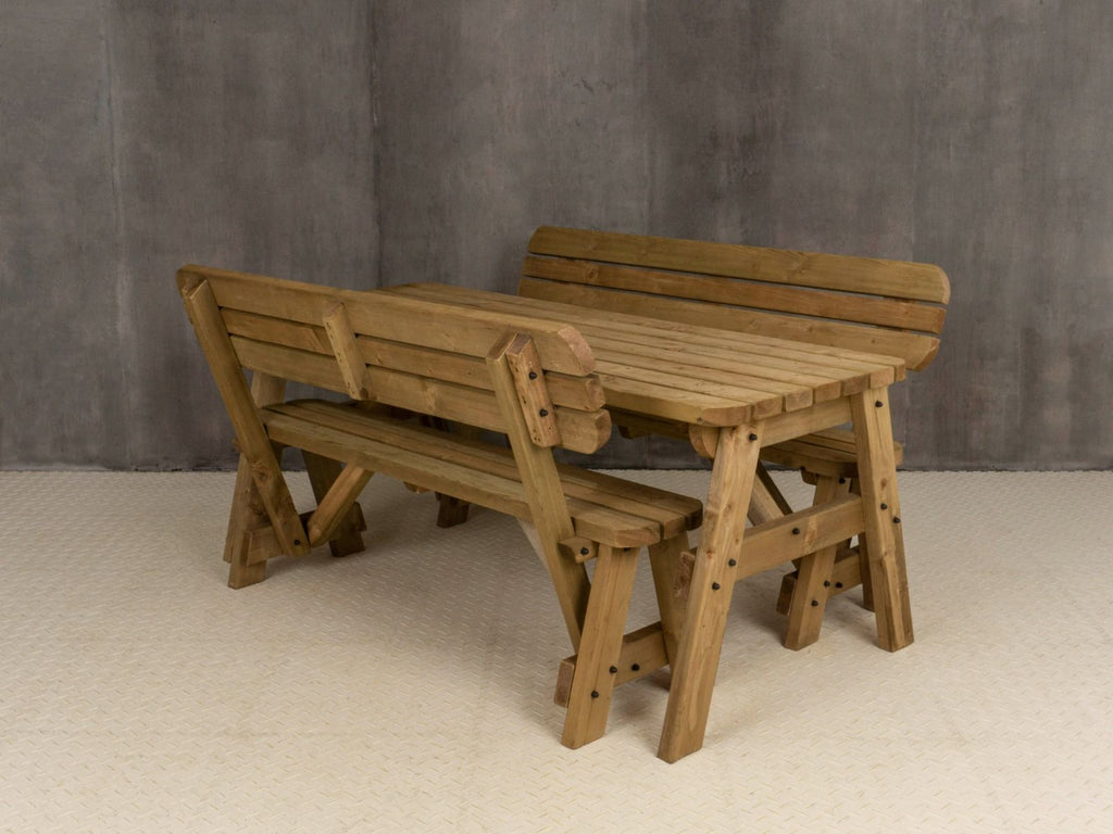 Victoria Space-Saving Rounded Picnic Table & Bench Set with Backrest — Rustic Finish