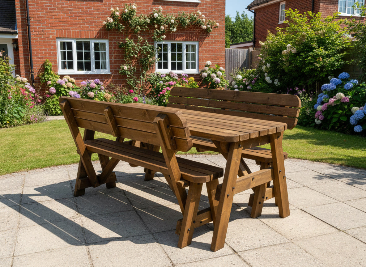 Victoria Space-Saving Rounded Picnic Table & Bench Set with Backrest — Rustic Finish