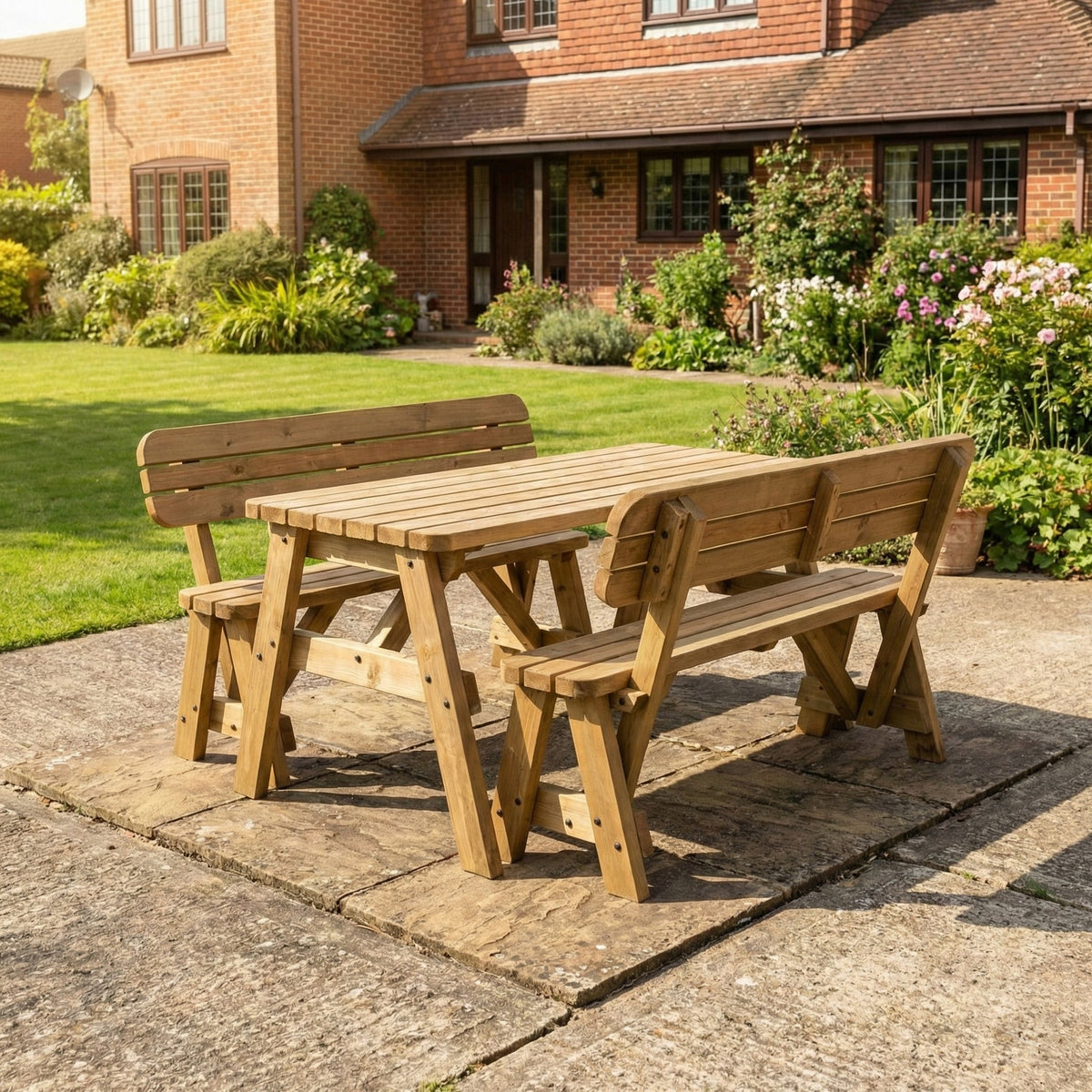 Victoria Space-Saving Rounded Picnic Table & Bench Set with Backrest — Rustic Finish