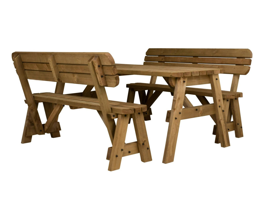 Victoria Space-Saving Rounded Picnic Table & Bench Set with Backrest — Rustic Finish