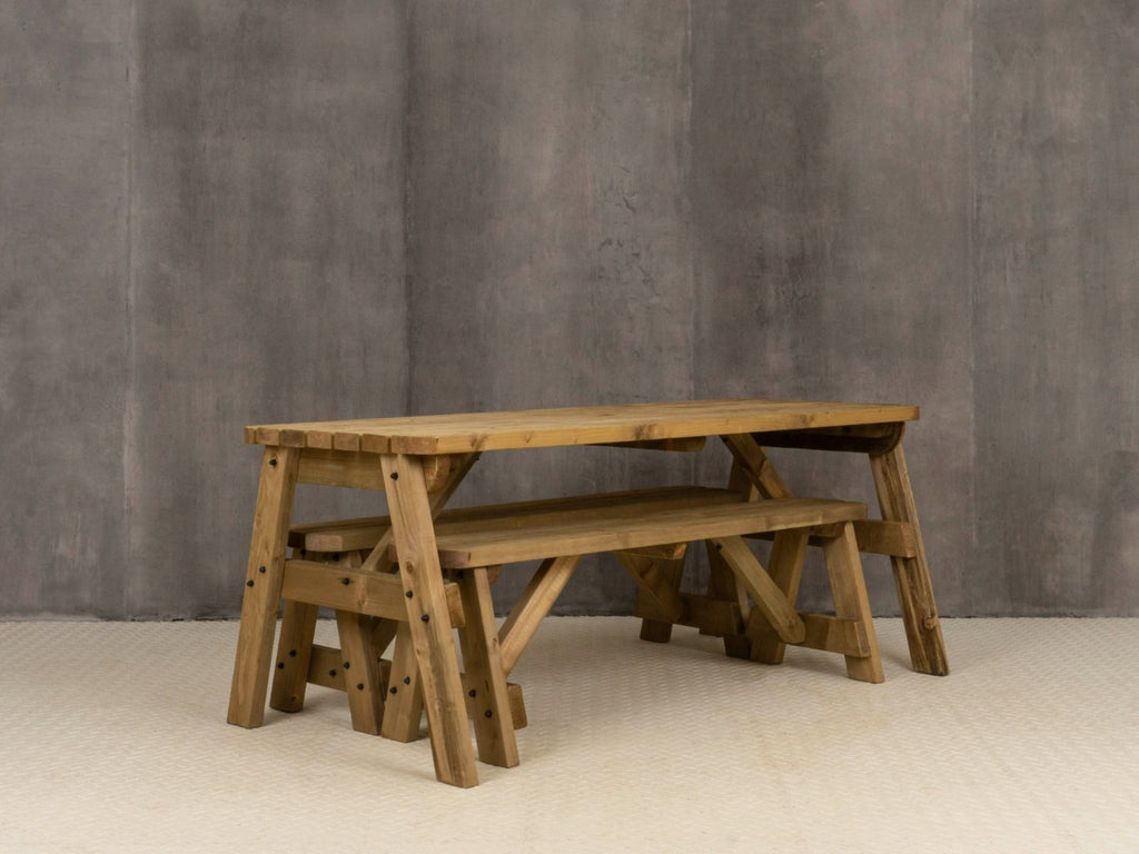 Victoria Rounded Space Saving Picnic Table and Benches Set - Rustic Finish