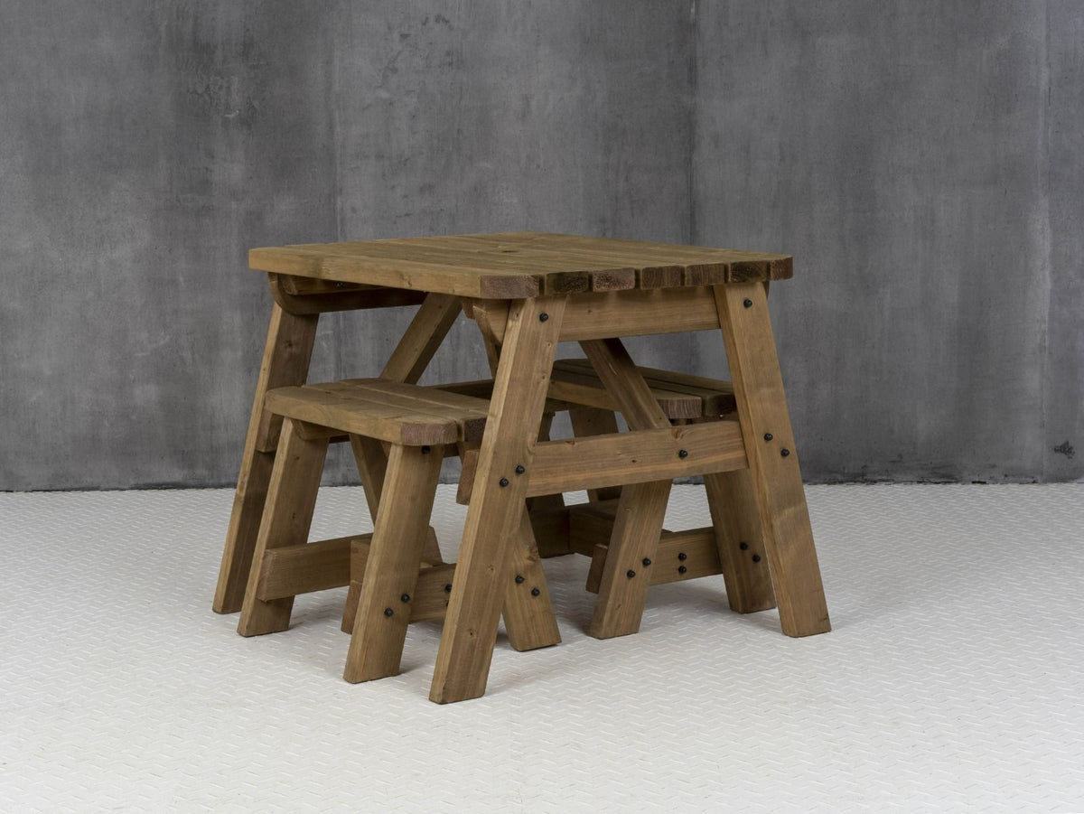 Victoria Rounded Space Saving Picnic Table and Benches Set - Rustic Finish