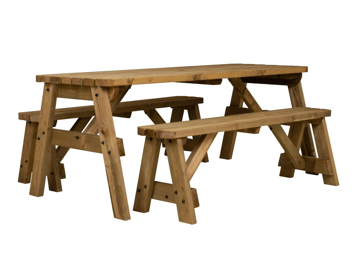 Victoria Rounded Space Saving Picnic Table and Benches Set - Rustic Finish