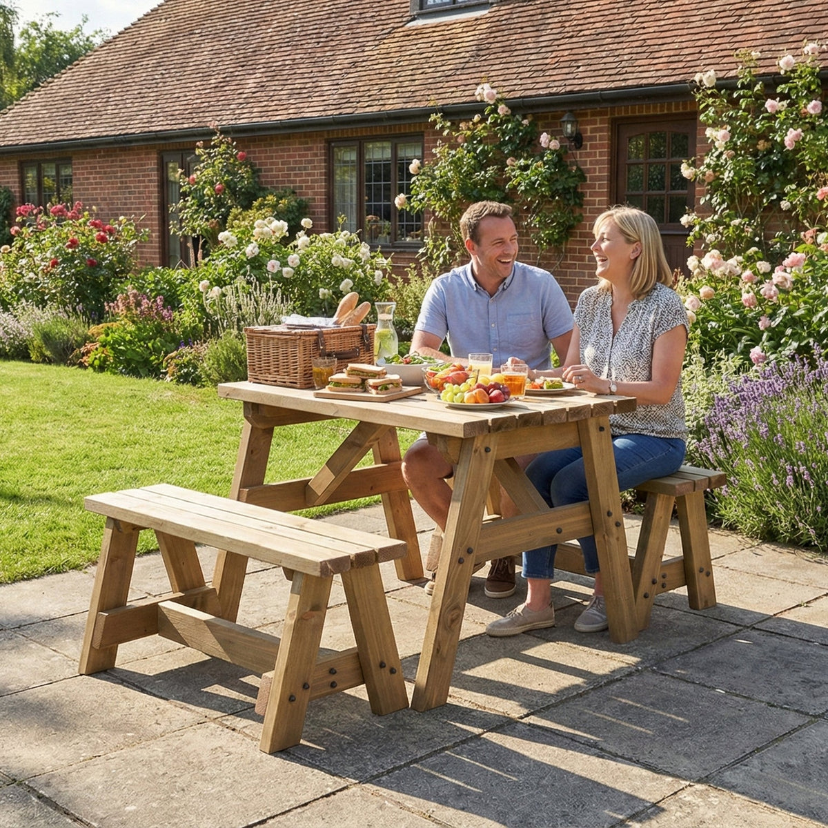 Victoria Picnic Table and Benches Set - Rustic Finish