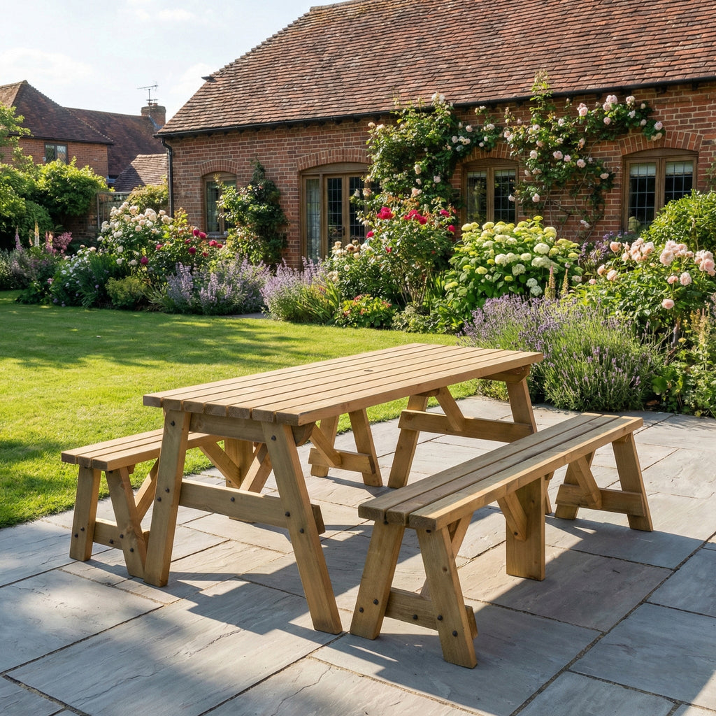 Victoria Picnic Table and Benches Set - Rustic Finish