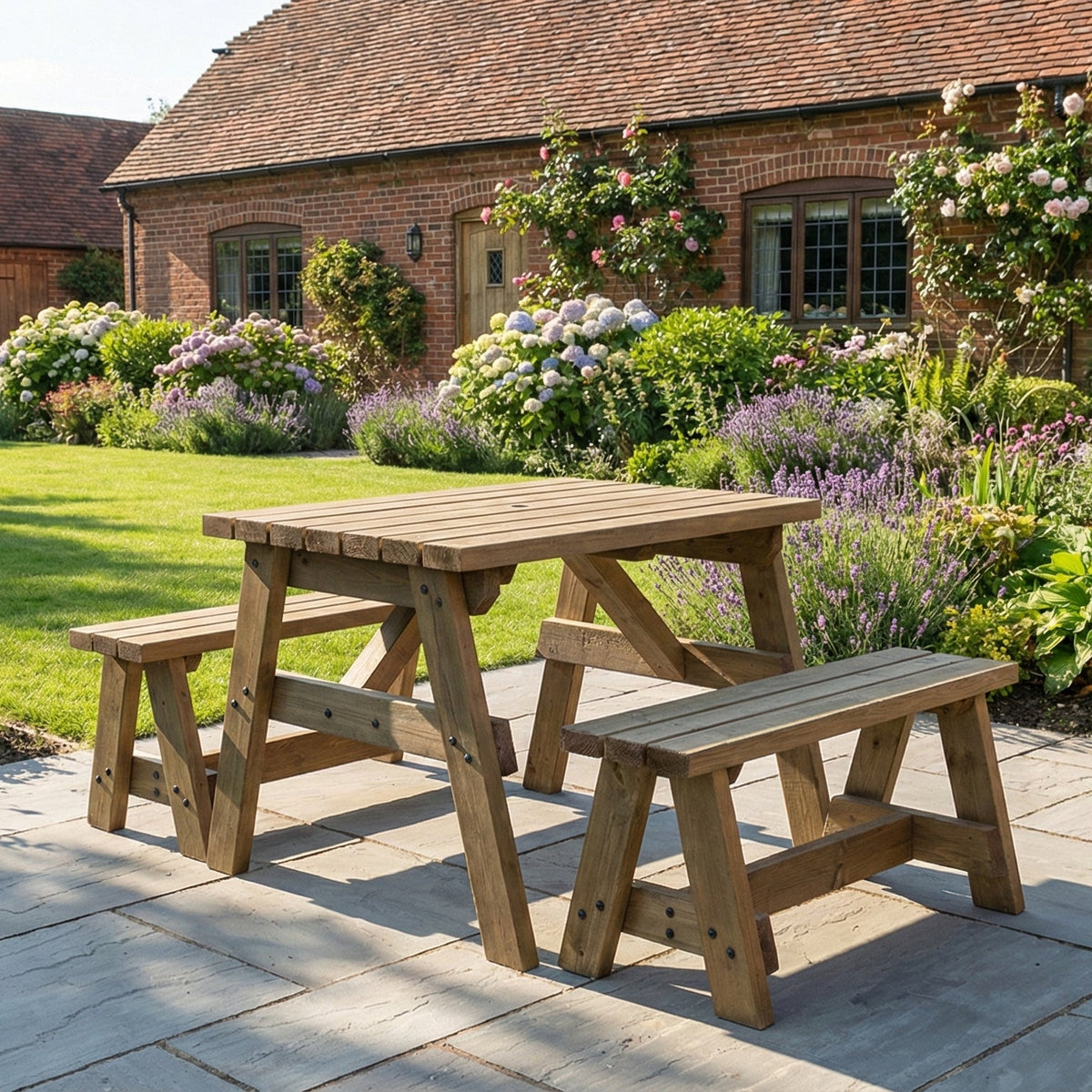 Victoria Picnic Table and Benches Set - Rustic Finish