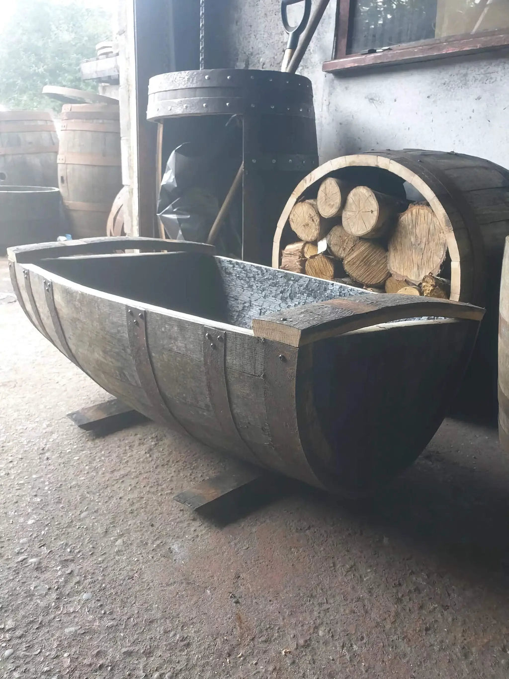 Reclaimed Oak Whiskey Half Barrel Planter — Large