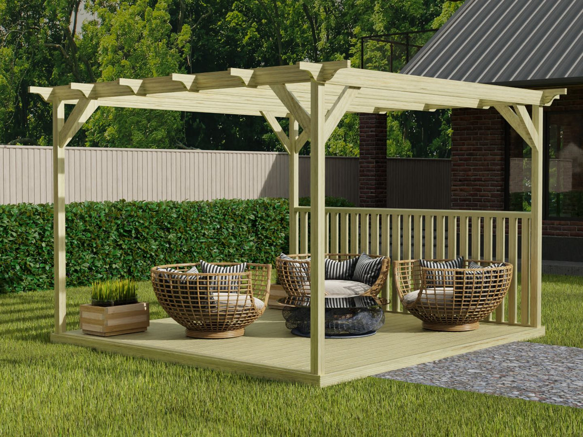 Square Pergola And Decking Kit With One Side Balustrade