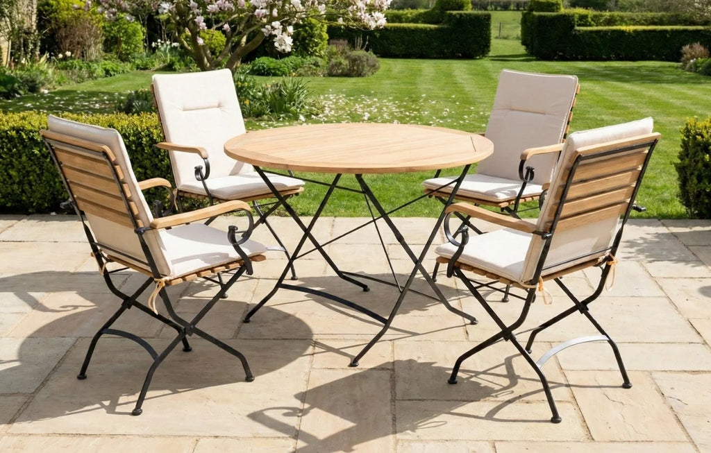 Sicily 4-Seater Teak & Wrought Iron Round Garden Dining Set, 110cm