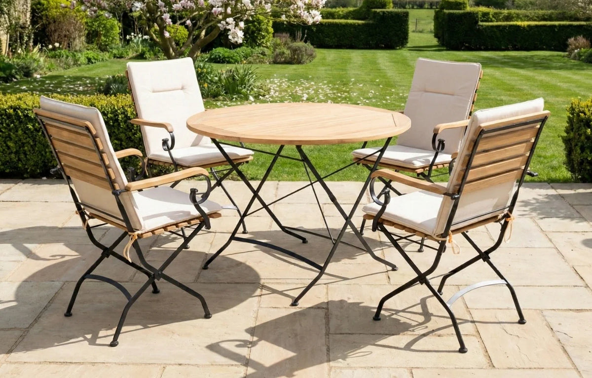 Sicily 4-Seater Teak & Wrought Iron Round Garden Dining Set, 110cm