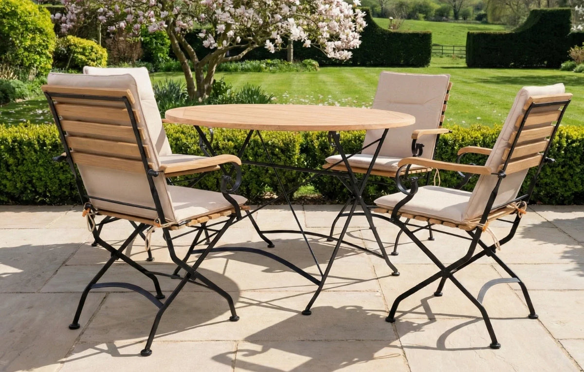 Sicily 4-Seater Teak & Wrought Iron Round Garden Dining Set, 110cm